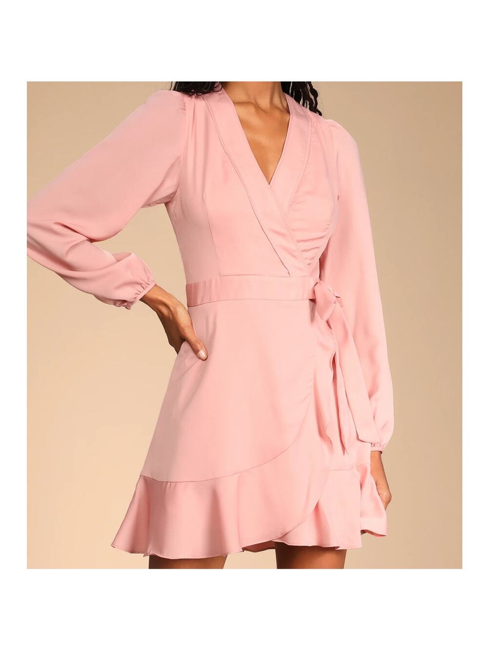 Lulus Pink Faux Wrap Long Sleeved Lined Blush Pink Dress size Small